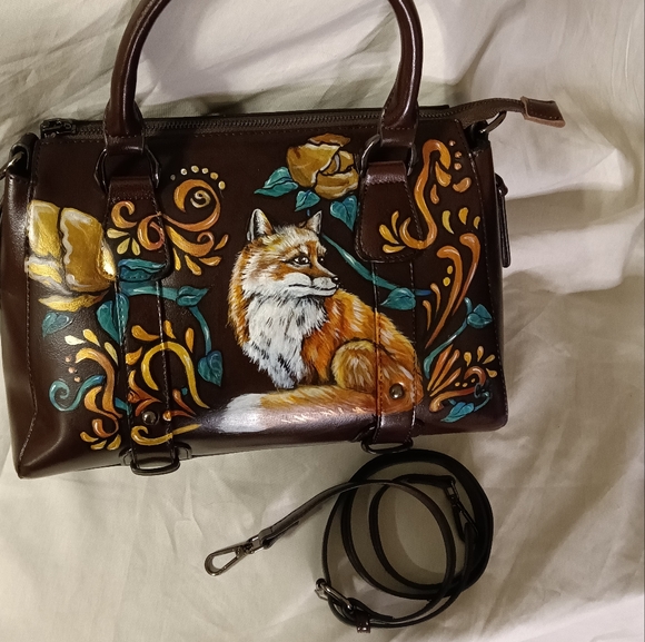 Unique HAND PAINTED Genuine LEATHER Brown *NWT* Handbag Orange Fox Gold Flowers - Picture 10 of 12